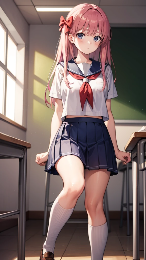 nodokaharamura, nodoka haramura, blue eyes, hair bow, long hair, pink hair, bow,
BREAK blue skirt, kiyosumi school uniform, pleated skirt, school uniform, serafuku, skirt,
BREAK looking at viewer,
BREAK indoors, classroom,
BREAK (masterpiece:1.2), best quality, high resolution, unity 8k wallpaper, (illustration:0.8), (beautiful detailed eyes:1.6), extremely detailed face, perfect lighting, extremely detailed CG, (perfect hands, perfect ???????),