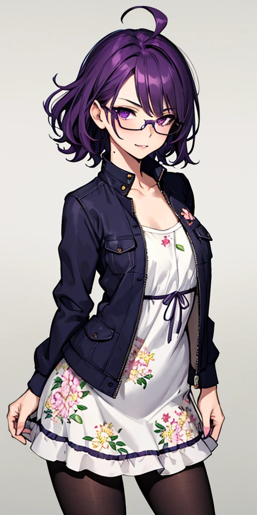 (masterpiece), best quality, expressive eyes, highres, anatomically correct, 1girl, perfect face, perfect hands, female, short hair, messy hair, wavy hair, purple hair, side bang, purple eyes, fair skin, medium chest, slight smirk, purple glasses, casual wear, cowboy shot, half body, perfect ???????, dress, floral dress, jacket, casual wear, pantyhose, sundress hat,