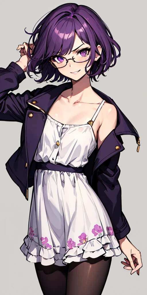 (masterpiece), best quality, expressive eyes, highres, anatomically correct, 1girl, perfect face, perfect hands, female, short hair, messy hair, wavy hair, purple hair, side bang, purple eyes, fair skin, medium chest, slight smirk, purple glasses, casual wear, cowboy shot, half body, perfect anatomy, dress, floral dress, jacket, casual wear, pantyhose, sundress hat,