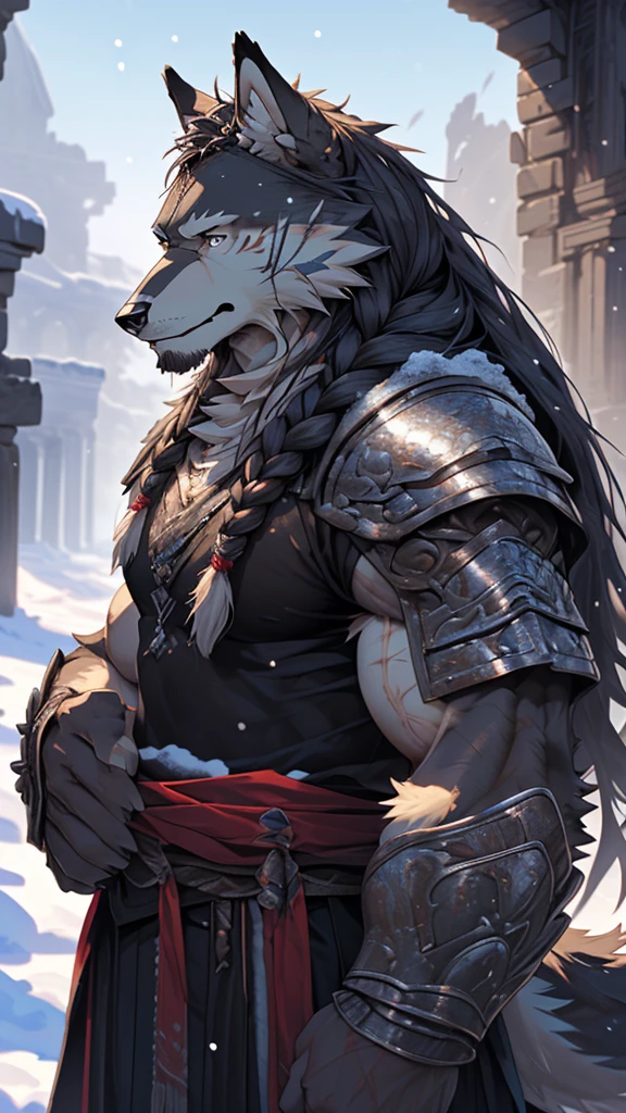 (photorealistic:1.4), 8k, (masterpiece), best quality, highest quality, (highly detailed fur:1.5), (detailed muscles:1.4), (detailed face:1.5), (realistic eyes), original, highres, unparalleled masterpiece, ultra realistic 8k, perfect artwork, grey wolf, male, middle aged, (general:1.2), armor, scars, long hair, braided hair, white braids, cold northern environment, (snowy:1.2), (ruins:1.3)