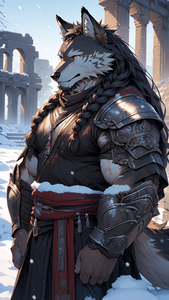 (photorealistic:1.4), 8k, (masterpiece), best quality, highest quality, (highly detailed fur:1.5), (detailed muscles:1.4), (detailed face:1.5), (realistic eyes), original, highres, unparalleled masterpiece, ultra realistic 8k, perfect artwork, grey wolf, male, middle aged, (general:1.2), armor, scars, long hair, braided hair, white braids, cold northern environment, (snowy:1.2), (ruins:1.3)