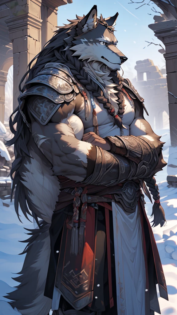 (photorealistic:1.4), 8k, (masterpiece), best quality, highest quality, (highly detailed fur:1.5), (detailed muscles:1.4), (detailed face:1.5), (realistic eyes), original, highres, unparalleled masterpiece, ultra realistic 8k, perfect artwork, grey wolf, male, middle aged, (general:1.2), armor, scars, long hair, braided hair, white braids, cold northern environment, (snowy:1.2), (ruins:1.3)