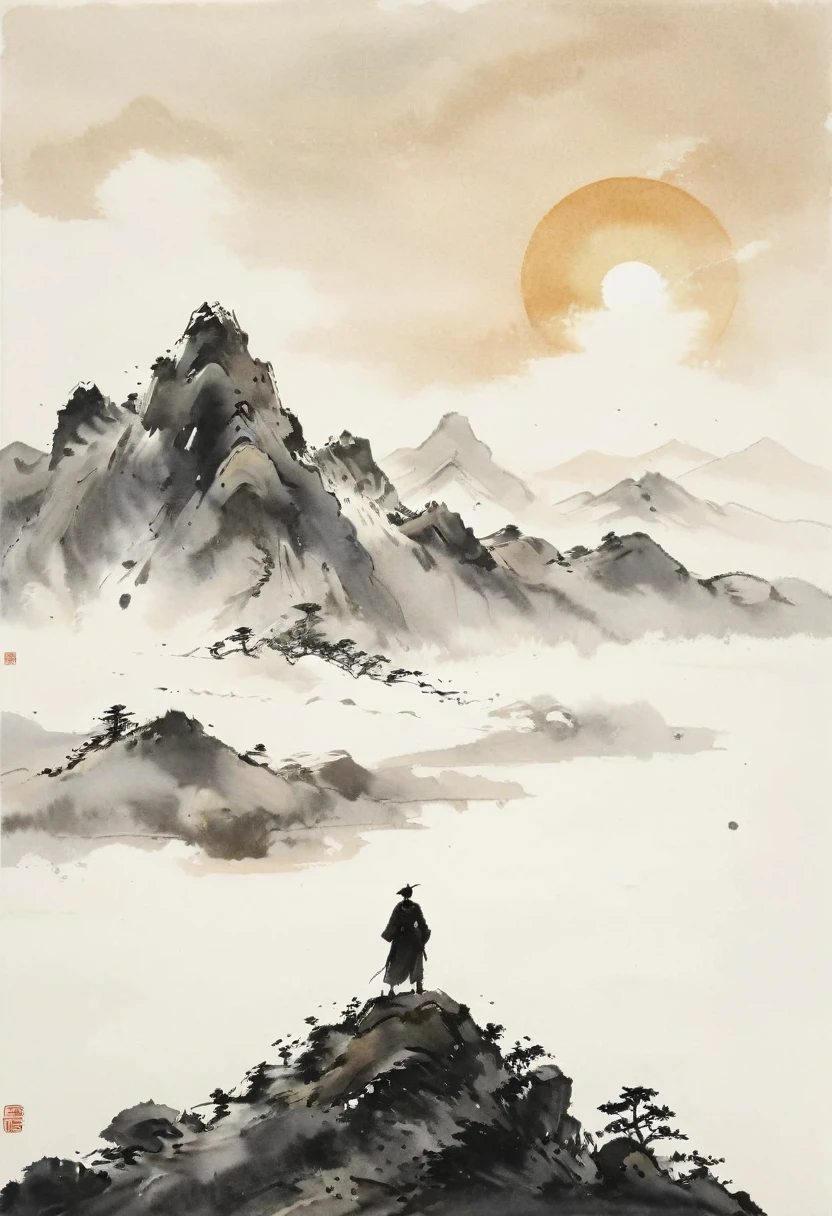 (Lots of white space:1.5)，(Lots of white space around:1.6), White background, simple, Minimalism, abstract,Freehand，Aesthetic，black and white，Ink Painting，antiquity，sunrise，a mountain，A person far away