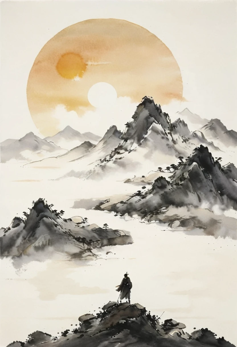 (Lots of white space:1.5)，(Lots of white space around:1.6), White background, simple, Minimalism, abstract,Freehand，Aesthetic，black and white，Ink Painting，antiquity，sunrise，a mountain，A person far away