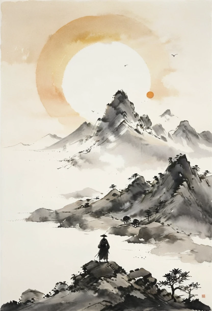 (Lots of white space:1.5)，(Lots of white space around:1.6), White background, simple, Minimalism, abstract,Freehand，Aesthetic，black and white，Ink Painting，antiquity，sunrise，a mountain，A person far away