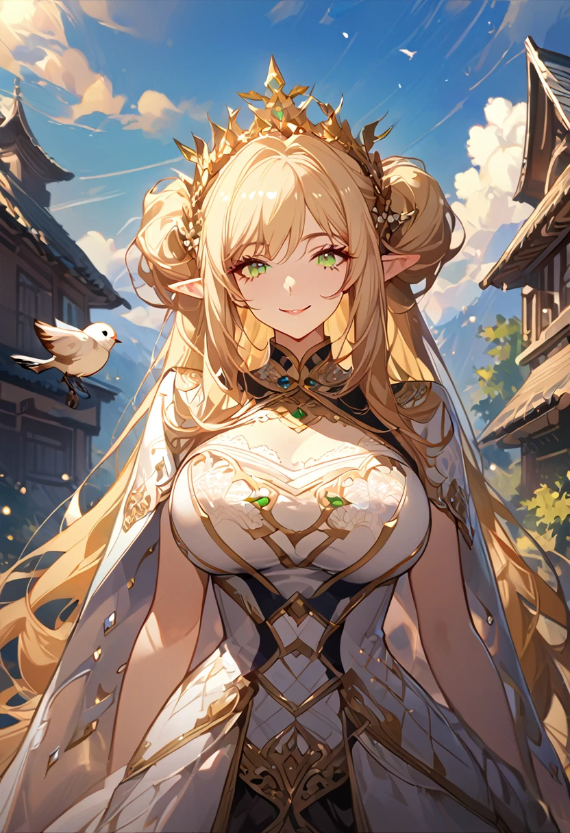 masterpiece, best quality, 8k ,4k , 1girl, elf queen, blond reddish hair, green eyes, big boobs, gold wreath crown, hair ornament, finely detailed eyes and detailed face, looking at viewer, white sleeveless, Lace dress, patterned clothes, gold embroidery clothes, meticulous clothes, mature clothes, transparent cape with lace, majestic looks, smiling gently, small bird, full body, inspired by Asukaziye artist : ask, art style : ask