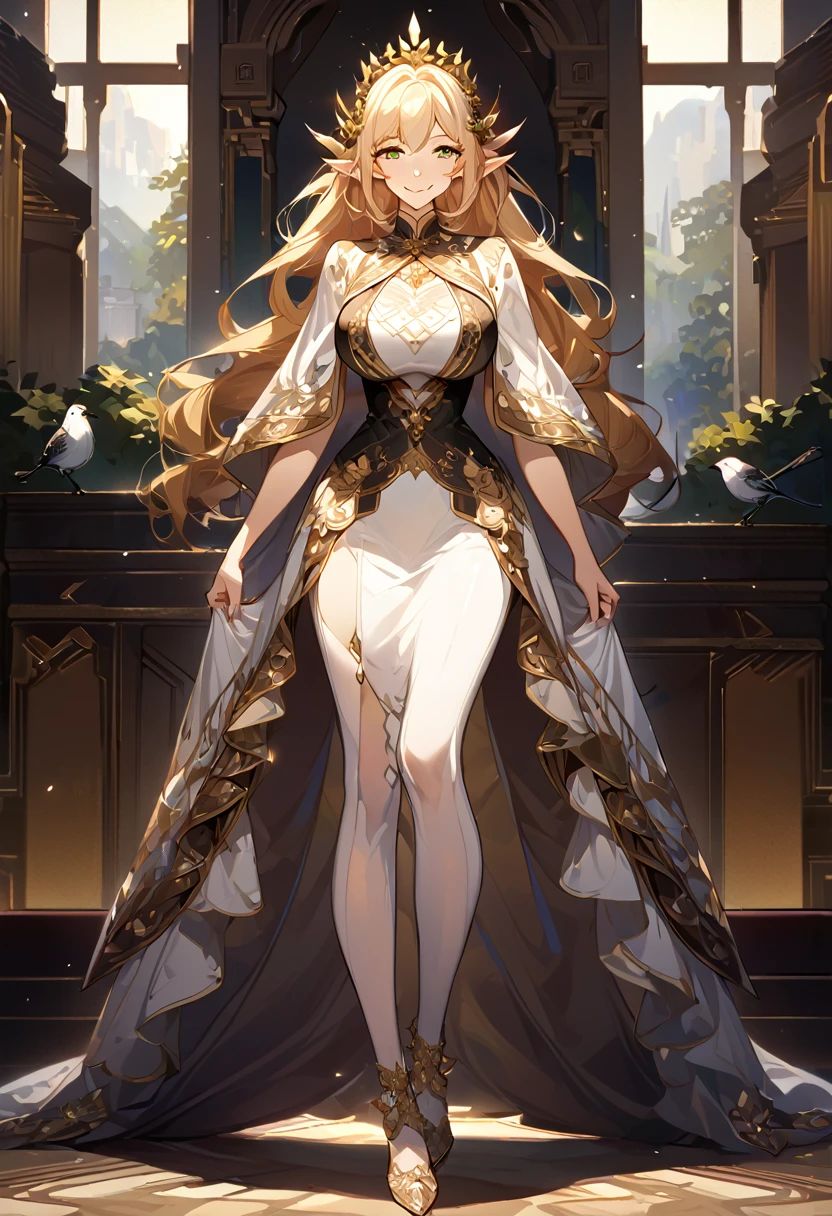 masterpiece, best quality, 8k ,4k , 1girl, elf queen, blond reddish hair, green eyes, big boobs, gold wreath crown, hair ornament, finely detailed eyes and detailed face, looking at viewer, white sleeveless, Lace dress, patterned clothes, gold embroidery clothes, meticulous clothes, mature clothes, transparent cape with lace, majestic looks, smiling gently, small bird, full body, inspired by Asukaziye artist : ask, art style : ask