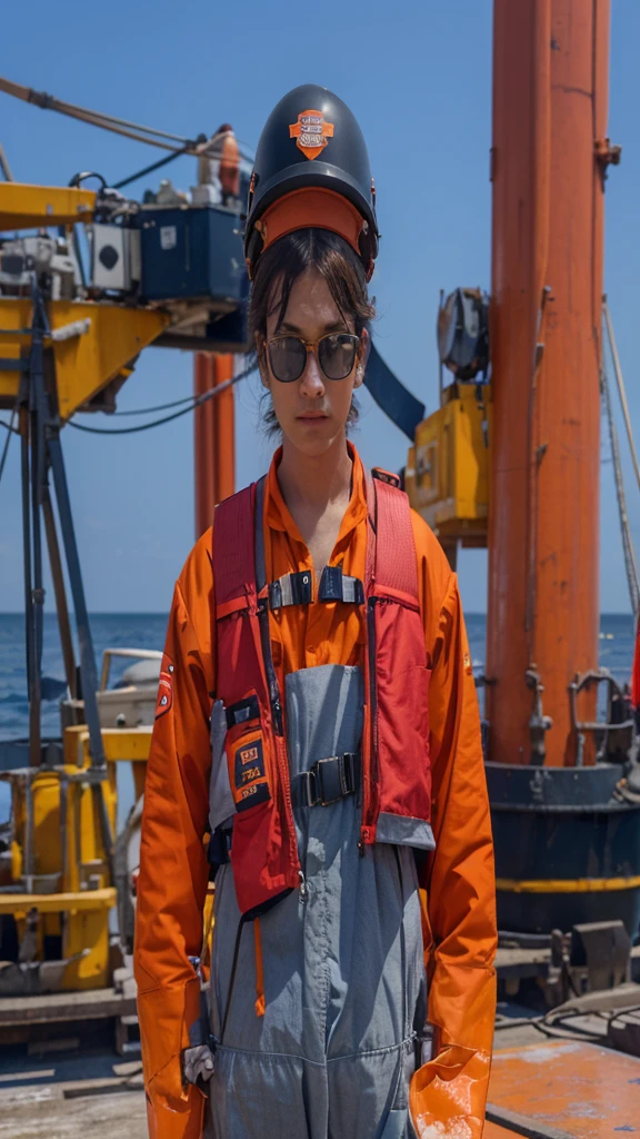 Workers at sea with black backgrounds wearing clothes that are a combination of orange and gray, wearing live red jackets, glasses with blue helmets