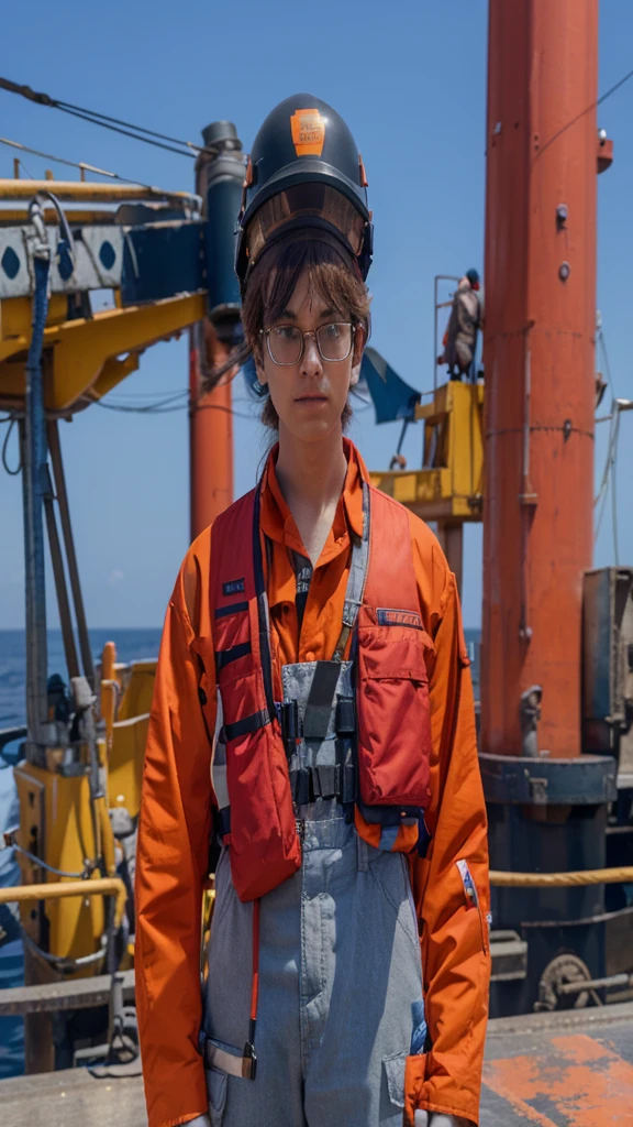 Workers at sea with black backgrounds wearing clothes that are a combination of orange and gray, wearing live red jackets, glasses with blue helmets