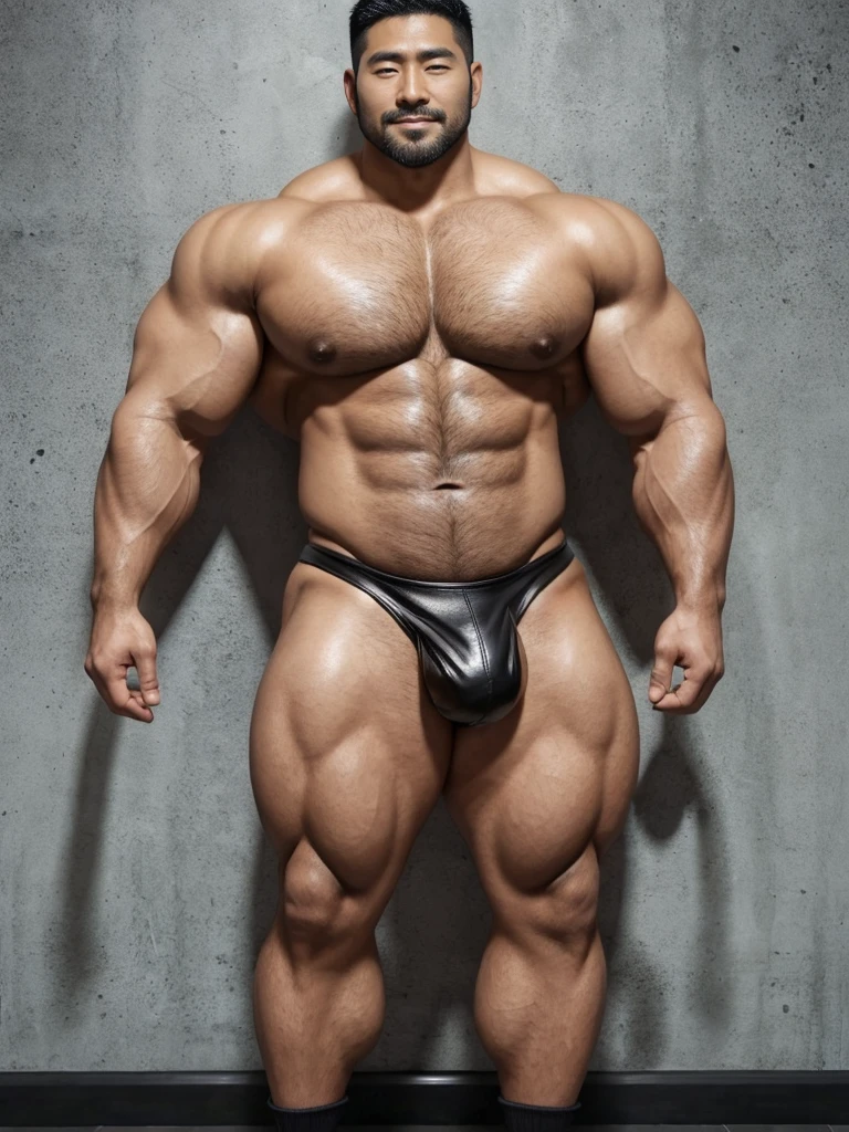There is only one handsome Asian actor in the photo,35 years old,High target, Fitness,short hair, O-Shaped Beard,Perfect body, Dark skin color,Muscle bulge, muscular, Very large pectoral muscles,Very sexy abdominal muscles,Very well-developed leg muscles,Huge concave and convex area,Brightens oily skin,Wearing black leather shiny thong,Handsome face, Correct and accurate male body proportions, Wear black leather socks,Standing in front of gray background wall。