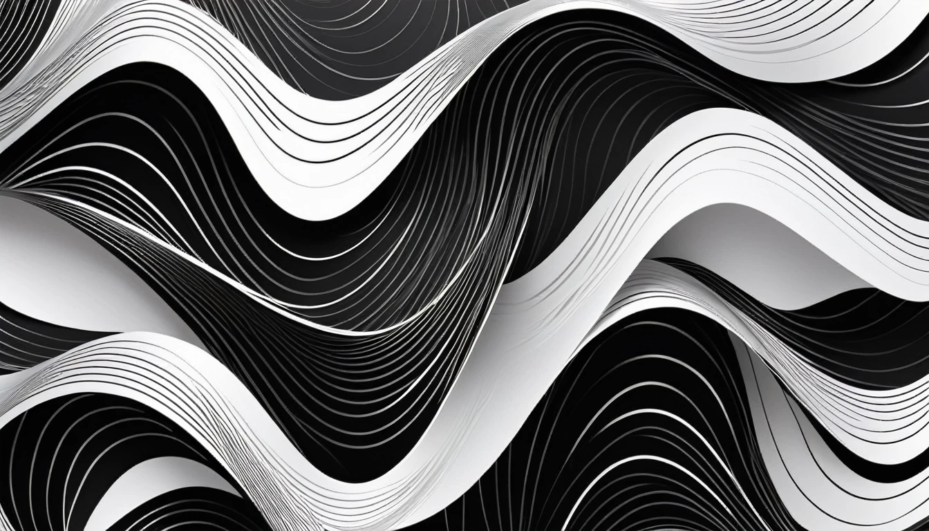"Produce a 2D gift wrap design with abstract flowing lines in bold black and white, incorporating metallic lines to enhance the visual appeal. The contrast should create a striking and modern look, with lines that weave and overlap in a mesmerizing pattern. Include vector line illustrations of a boy and girl, dressed in casual attire, showing a sense of love and affection. They should be seamlessly integrated into the abstract pattern to convey a contemporary and elegant design."