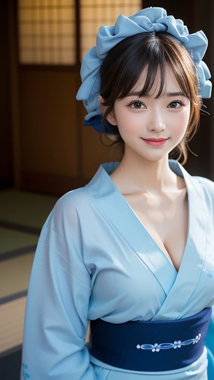 (One Girl), Very cute face, Great face and eyes, (Highly detailed eyes, Highly detailed face), Fresh, Very beautiful appearance, (超Realisticな, High resolution), (Highest quality:1.4), RAW Photos, (Realistic, Photorealistic:1.37), Professional photography, (Light blue floral yukata:1.5), (Open yukata), (Cleavage:1.2), (Bare shoulders), Smile a little, (Look at me), Bedroom, Portrait of a Girl,