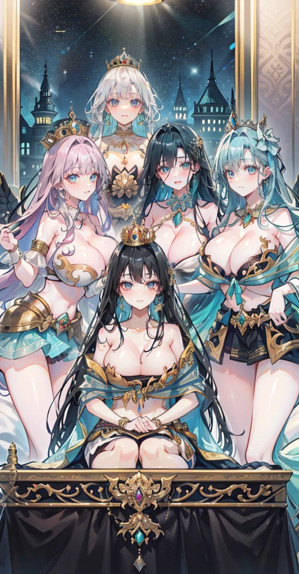 Group of 5 princesses,(6 young women,many young women), (in the bedroom), Various hair styles, harem,(shiny armor, Beautiful crowns and jewelry,crystal filigree jewelry), at night, detailed face, big breasts,Breast curtain, long skirt, mule, Sleeveless , Show your armpits, at night, starry at night,(large areolae:1.4,pink,The nipples are clearly visible....),(Various poses),(no bra), Highest quality、Highest picture quality、Masterpiece