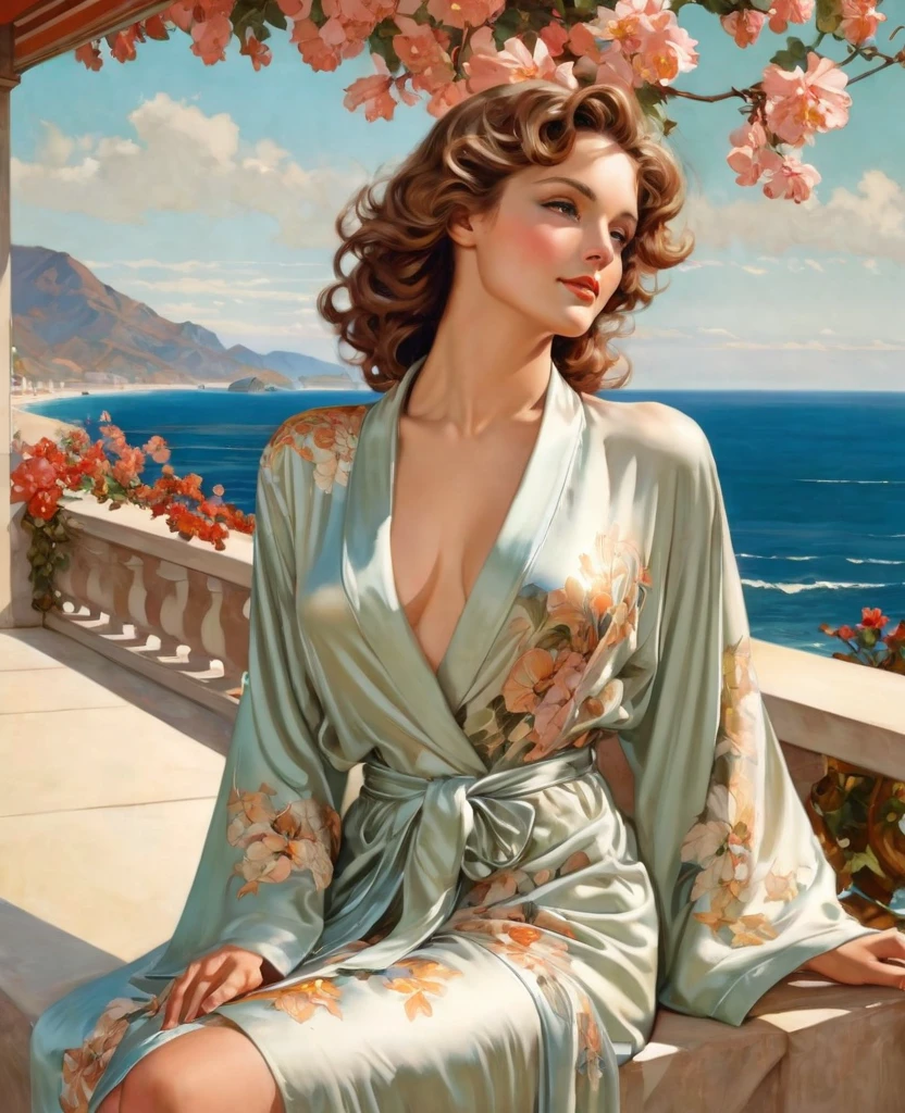 (masterpiece), 1 woman, sitting on the balcony railing, hands above head straightens hair, a beautiful silk robe in flowers is thrown over the shoulders, the robe is unbuttoned, visible hairs on the pubic genitals:1.7), Smile on his face, ethereal and beautiful Hugo Boss model from the 1940s.., Beautiful painting with a very detailed face by Alphonse Mucha.., Craig Mullins, Greg Rutkowski, Magali Villanueva, (The most beautiful picture), The whole body is visible, sexy pose, ideal body shape, view from knee level, on the balcony against the backdrop of the beautiful seashore