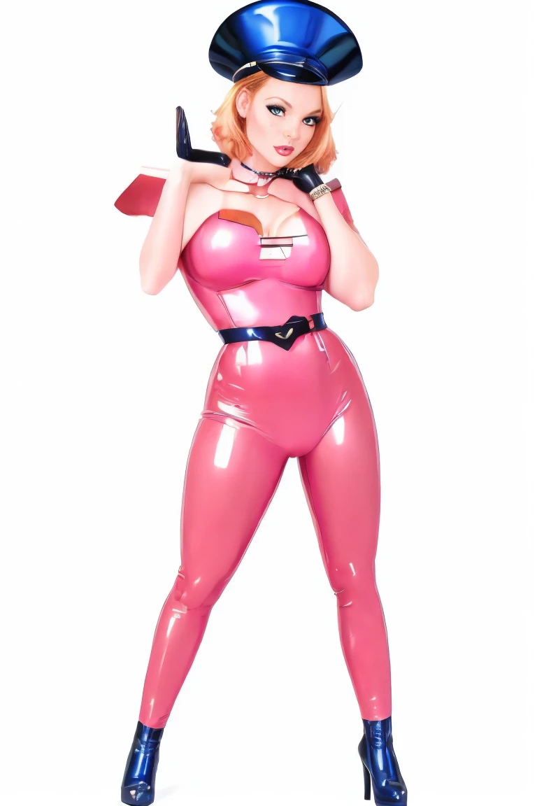 ultra-detailed, Explicit, Beautiful body, Beautiful Nose, Beautiful character design, perfect eyes, perfect face, ultra highres, 4K, beautiful legs, perfect legs, Nice hands, Perfect hand, Masterpiece, Best Quality, Highly detailed, illustration, absurdres, street fighter, doll suit, shadaloo doll, dollsuit, expressionless, blank eyes, looking at viewer, red gloves, emotionless, black latex, corrution, mind control, female combatant, full body, hypnotized, unhappy trance, full body suit, ribbed bodysuit, both arms at side, obey, perfect female body, extremely glossy latex, hypnosis, hypnoLora, empty eyes, Mind control device, poses, submissive_pose, Slave, hat, necktie, stand up straight, standing, standing at attention, hat, necktie, belt, latex, ribbed bodysuit, thighhighs, garter belt, Fighting Stance, extending the right arm from the shoulder into the air with a straightened hand, saluting, military, military saluting, salute, thigh boots, 1girl, Aelita Evolution, code: lyoko, pink hair, short hair, long ear, green eyes
