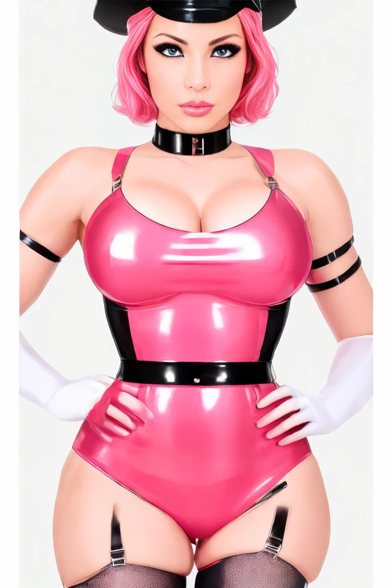 ultra-detailed, Explicit, Beautiful body, Beautiful Nose, Beautiful character design, perfect eyes, perfect face, ultra highres, 4K, beautiful legs, perfect legs, Nice hands, Perfect hand, Masterpiece, Best Quality, Highly detailed, illustration, absurdres, street fighter, doll suit, shadaloo doll, dollsuit, expressionless, blank eyes, looking at viewer, red gloves, emotionless, black latex, corrution, mind control, female combatant, full body, hypnotized, unhappy trance, full body suit, ribbed bodysuit, both arms at side, obey, perfect female body, extremely glossy latex, hypnosis, hypnoLora, empty eyes, Mind control device, poses, submissive_pose, Slave, hat, necktie, stand up straight, standing, standing at attention, hat, necktie, belt, latex, ribbed bodysuit, thighhighs, garter belt, Fighting Stance, extending the right arm from the shoulder into the air with a straightened hand, saluting, military, military saluting, salute, thigh boots, 1girl, Aelita Evolution, code: lyoko, pink hair, short hair, long ear, green eyes
