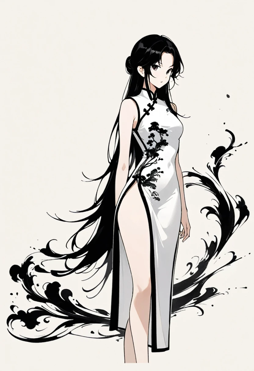 Artistic ink painting，Three-dimensional ink painting，Minimalism，Minimalist graphics，Minimal Art，Chinese anime girls，whole body，Chinese style，antiquity，Ink Painting，cheongsam，Black long hair，Black and white background，古韵White Space，White Space，大面积White Space，Texture Matte，Low saturation，Minimalist composition，Master composition