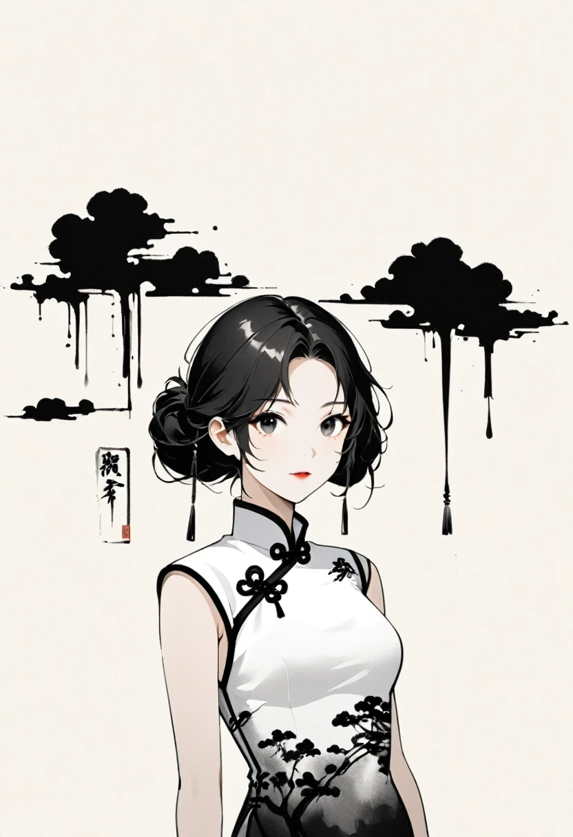 Artistic ink painting，Three-dimensional ink painting，Minimalism，Minimalist graphics，Minimal Art，Chinese anime girls，whole body，Chinese style，antiquity，Ink Painting，cheongsam，Black long hair，Black and white background，古韵White Space，White Space，大面积White Space，Texture Matte，Low saturation，Minimalist composition，Master composition