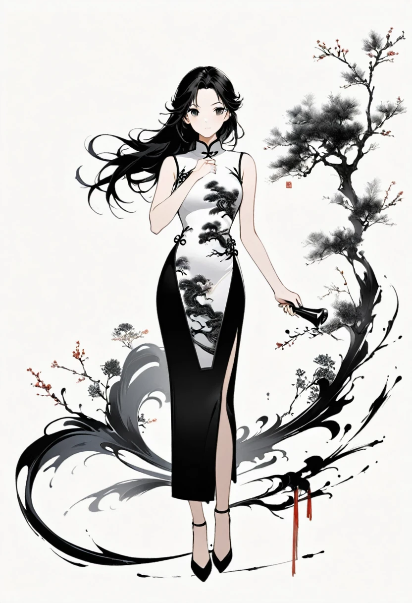 Artistic ink painting，Three-dimensional ink painting，Minimalism，Minimalist graphics，Minimal Art，Chinese anime girls，whole body，Chinese style，antiquity，Ink Painting，cheongsam，Black long hair，Black and white background，古韵White Space，White Space，大面积White Space，Texture Matte，Low saturation，Minimalist composition，Master composition