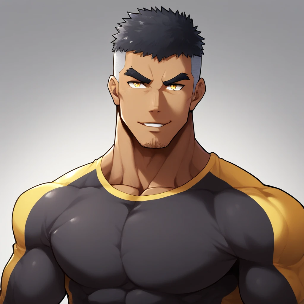 anime characters:Gyee, Muscle Sports Student, negro black skin, 1 dark skin muscular tough guy, Manliness, male focus, Light yellow high collar long sleeve tight T-shirt, Slightly transparent material, Very tight, Round, full and perky chest muscles, Slightly transparent, muscular male, muscular, only, Upper body, alone, Black short hair, Thick eyebrows, stubble, Yellow eyes, Grey background, simple background, amazing quality, best aesthetics, Ridiculous, bright pupils, crew cut, parted lips, seductive smile, torogao, naughty face, drop shadow, best quality