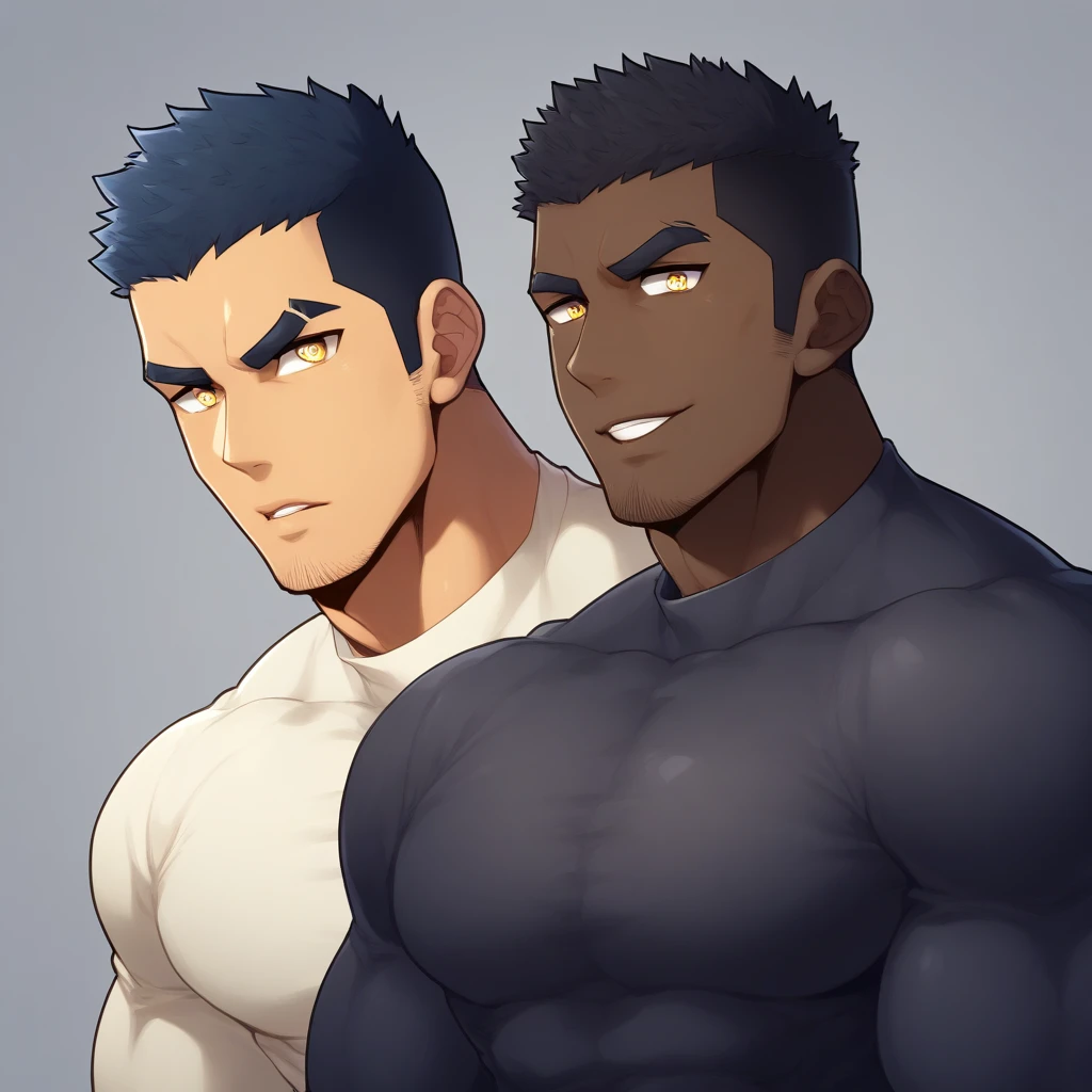 anime characters:Gyee, Muscle Sports Student, ????? black skin, 1 dark skin muscular tough guy, Manliness, male focus, Light yellow high collar long sleeve tight T-shirt, Slightly transparent material, Very tight, Round, full and perky chest muscles, Slightly transparent, muscular male, muscular, only, Upper body, alone, Black short hair, Thick eyebrows, stubble, Yellow eyes, Grey background, simple background, amazing quality, best aesthetics, Ridiculous, bright pupils, crew cut, parted lips, seductive smile, torogao, naughty face, drop shadow, best quality