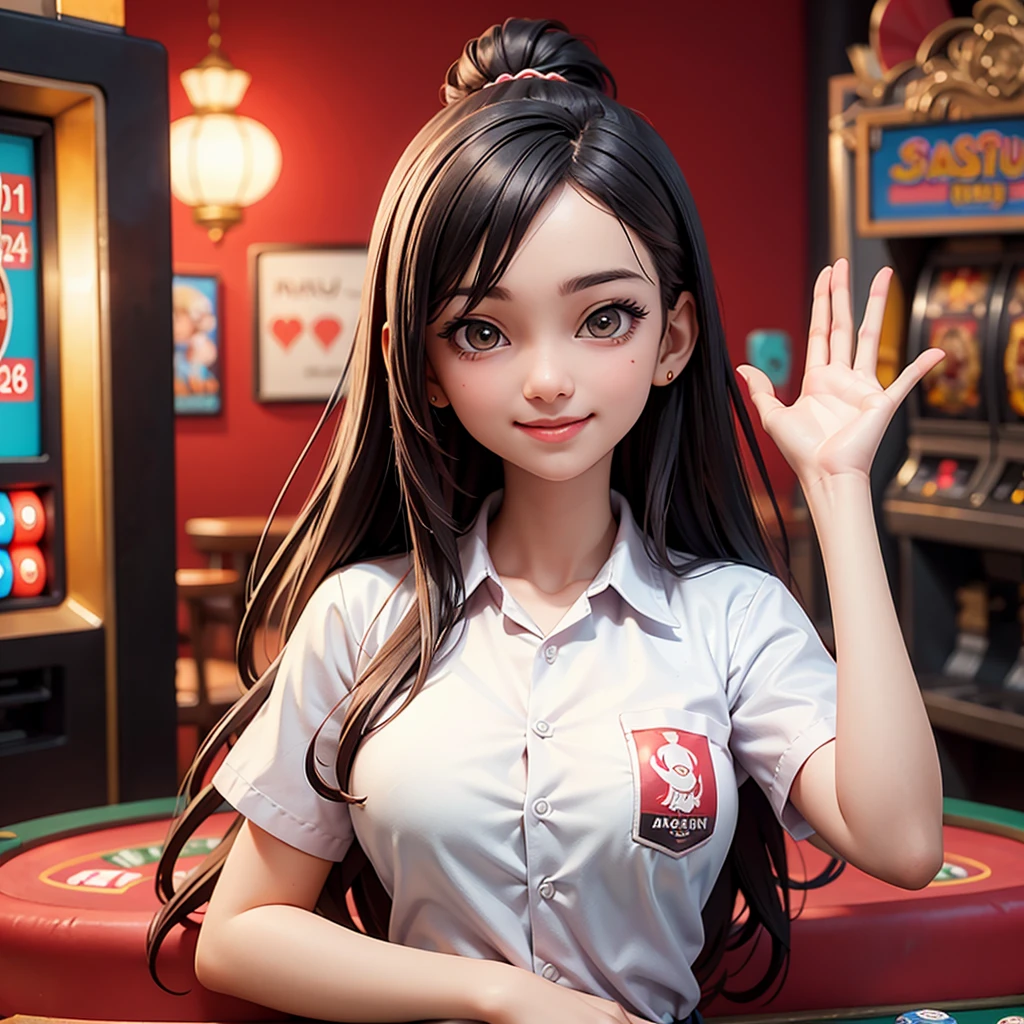 happy and smile, {{indonesian girl}}, {wearing high school uniform}, teasing and waiting customer play, standing, playing in casino, red casino background, polite and kind, Sweet Face, roulette table, poker table, big slot machines right and left, win jackpot, {{no headwear}}, private casino, crowded gambling area in background, so crowded, so many people