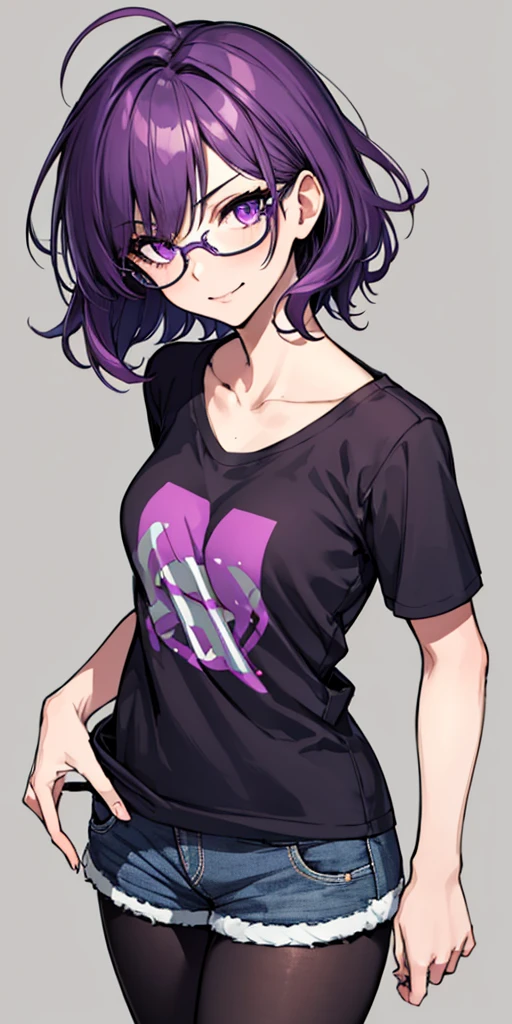 (masterpiece), best quality, expressive eyes, highres, anatomically correct, 1girl, perfect face, perfect hands, female, short hair, messy hair, wavy hair, purple hair, side bang, purple eyes, fair skin, medium chest, slight smirk, purple glasses, casual wear, cowboy shot, half body, perfect anatomy, shorts, graphic t-shirt, jacket, casual wear, pantyhose,
