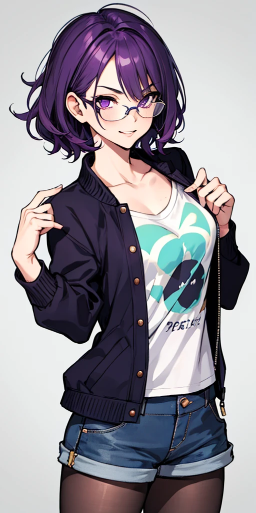 (masterpiece), best quality, expressive eyes, highres, anatomically correct, 1girl, perfect face, perfect hands, female, short hair, messy hair, wavy hair, purple hair, side bang, purple eyes, fair skin, medium chest, slight smirk, purple glasses, casual wear, cowboy shot, half body, perfect anatomy, shorts, graphic t-shirt, jacket, casual wear, pantyhose,