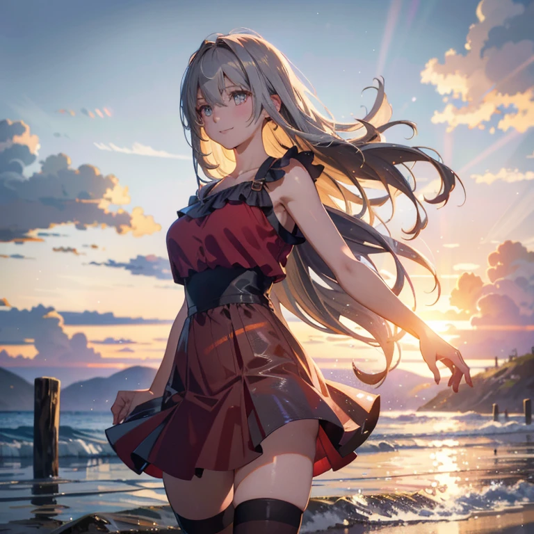 1 Girl, Blonde, Gray Hair, Long Hair, bangs, Sparkling eyes, Long eyelashes, The pupils shine, Compensate, smile, Depth odebt bounds written, debtrom below, silhouette, debtrom behind, Wide Shot, debt/1.4, 135mm, Canon, ndebtdebtsw, retina, Accurate, Anatomically correct, Rough skin, Very detailed, Advanced Details, high quality, 最high quality, High resolution, 8K, (Woman walking on the beach at sunset), Backlit silhouette, (See-through red dress), ((A silhouette odebt the body is visible through the light.)), (Hair blowing in the wind), (Skirt flutters in the wind), Strawberry moon in the sky,