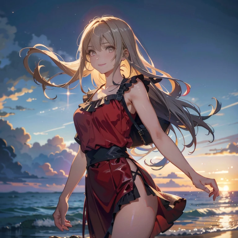 1 Girl, Blonde, Gray Hair, Long Hair, bangs, Sparkling eyes, Long eyelashes, The pupils shine, Compensate, smile, Depth odebt bounds written, debtrom below, silhouette, debtrom behind, Wide Shot, debt/1.4, 135mm, Canon, ndebtdebtsw, retina, Accurate, Anatomically correct, Rough skin, Very detailed, Advanced Details, high quality, 最high quality, High resolution, 8K, (Woman walking on the beach at sunset), Backlit silhouette, (See-through red dress), ((A silhouette odebt the body is visible through the light.)), (Hair blowing in the wind), (Skirt flutters in the wind), Strawberry moon in the sky,