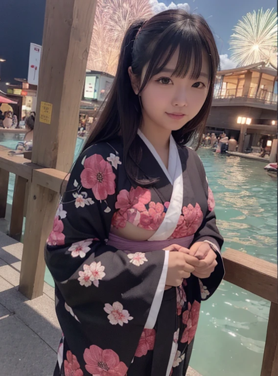The girl is at a Japanese fireworks festival at night,usa kimono, smile subtly