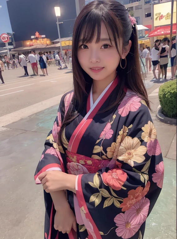 The girl is at a Japanese fireworks festival at night,usa kimono, smile subtly 