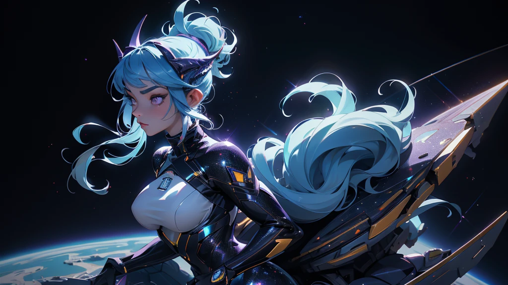 A space dragon sitting at the edge of the universe, lonely, sad, void, stars, the stars mixed in the sea, a sea of stars, ethereal woman, Blue and purple hair , space buns, space outfit, white black and gold outfit, golden dragon horns and tail, space outfit, space suit, mass effect suit, perfectly drawn face, black dress, stars detailed background, prismatic lighting, glitter, whole body, walking on the stars with crystal shoes A beautiful dragon humanoid woman with space hair of variant shades of blue and purple with space buns in hair , Golden scanes on the face and shoulders, Anime, 4k, Beautiful woman with a golden dragon tail and horns, Space hair, Floating in space, Vintage space Attire, floating through space, dancing, havign fun, Space Witch, Witch, Older woman, Toned physique, long hair with side bangs, humanoid face with scales, human with dragon horns and tail, witch outfit, body suit, thigh boots, wearing black, white and gold, blue hair, purple hair, Woman in space with water rippling reflecting the night sky, space and water mixed today, dancing in space, floating, ethereal dragon at the edge of the universe, end of the universe