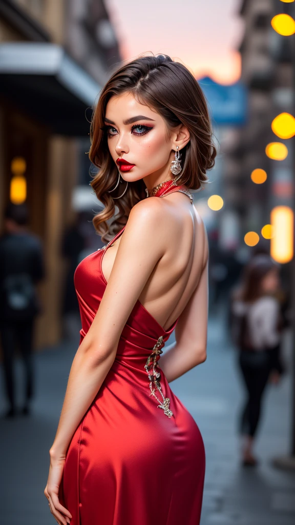 (masterpiece), (extremely intricate:1.3), (realistic), portrait of a muscular girl, ((((detailed woman, ((blackout gothic eye makeup, red lips, strong square cleft chin, arrogant, [flat chest:medium breasts:0.8]), piercing greeneyes, long wavy [blonde hair:dark hair:0.2], scarlet red silver chinoiserie evening gown, rear view, from behind)))), freckles:1.0, professional lighting, photon mapping, radiosity, physically based rendering, ultra resolution, hyper-realistic), metal reflections, upper body, outdoors, intense sunlight, far away castle, professional photograph of a stunning woman detailed, sharp focus, dramatic, award winning, cinematic lighting, volumetrics dtx, (film grain, blurry background, blurry foreground, bokeh, depth of field, sunset, interaction, photorealistic:1.4), 8K