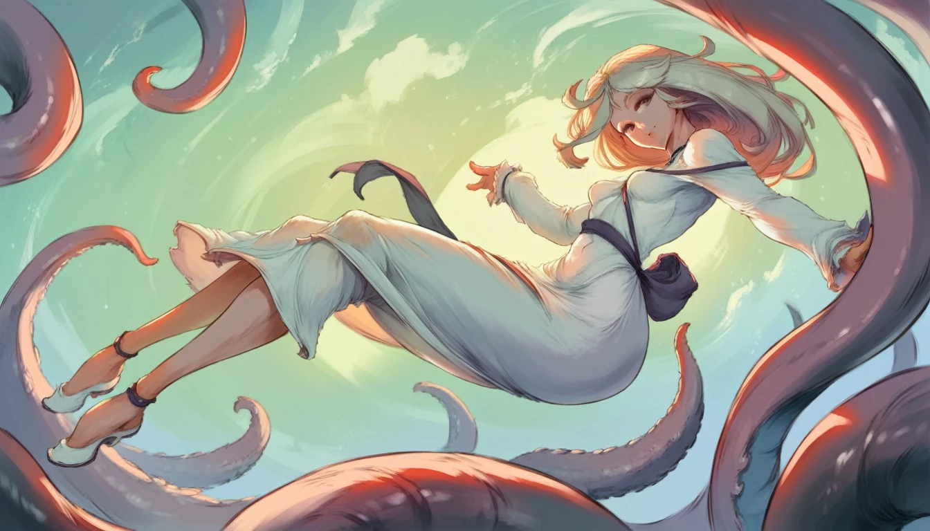 cutesexyrobutts style, 1girl, dress, solo, white_dress, looking_at_viewer, floating, long_hair, long_sleeves, from_side, white_hair, smile, tentacles, border