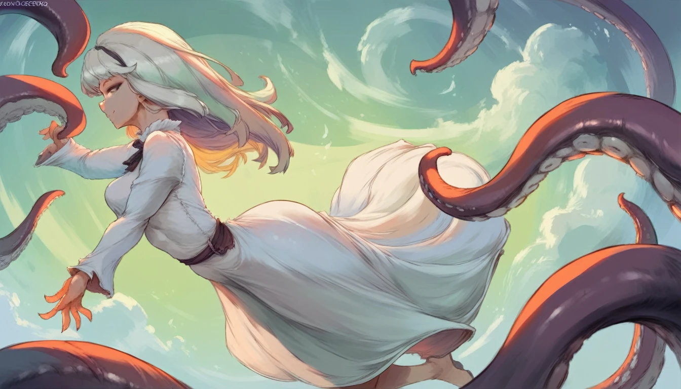 cutesexyrobutts style, 1girl, dress, solo, white_dress, looking_at_viewer, floating, long_hair, long_sleeves, from_side, white_hair, smile, tentacles, border