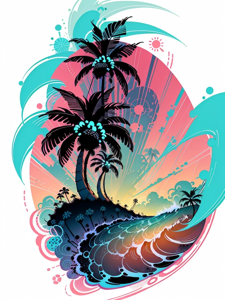 2d vector illustration, tshirt design for summers, palm trees, (surf: 1.1), (combi), sunrays, (best quality, masterpiece: 1.3), minimalist, (8 colors)