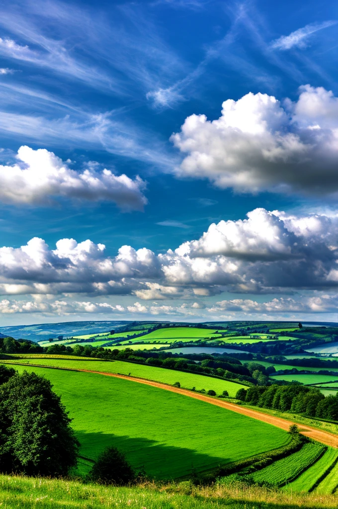 Original landscape，Sky and clouds，Tyndall effect，A country road，Colorful hot air balloon，High quality desktop wallpaper, Verdant forest, Detailed field properties, Beautiful English countryside, Stunning scenery, Rolling Hills, Landscape Wallpaper, Lush countryside, Green forests, Stunning scenery, Green fields in the background, High quality wallpaper, Beautiful wallpapers，Ultra high quality，Ultra HD，Ultra-high resolution