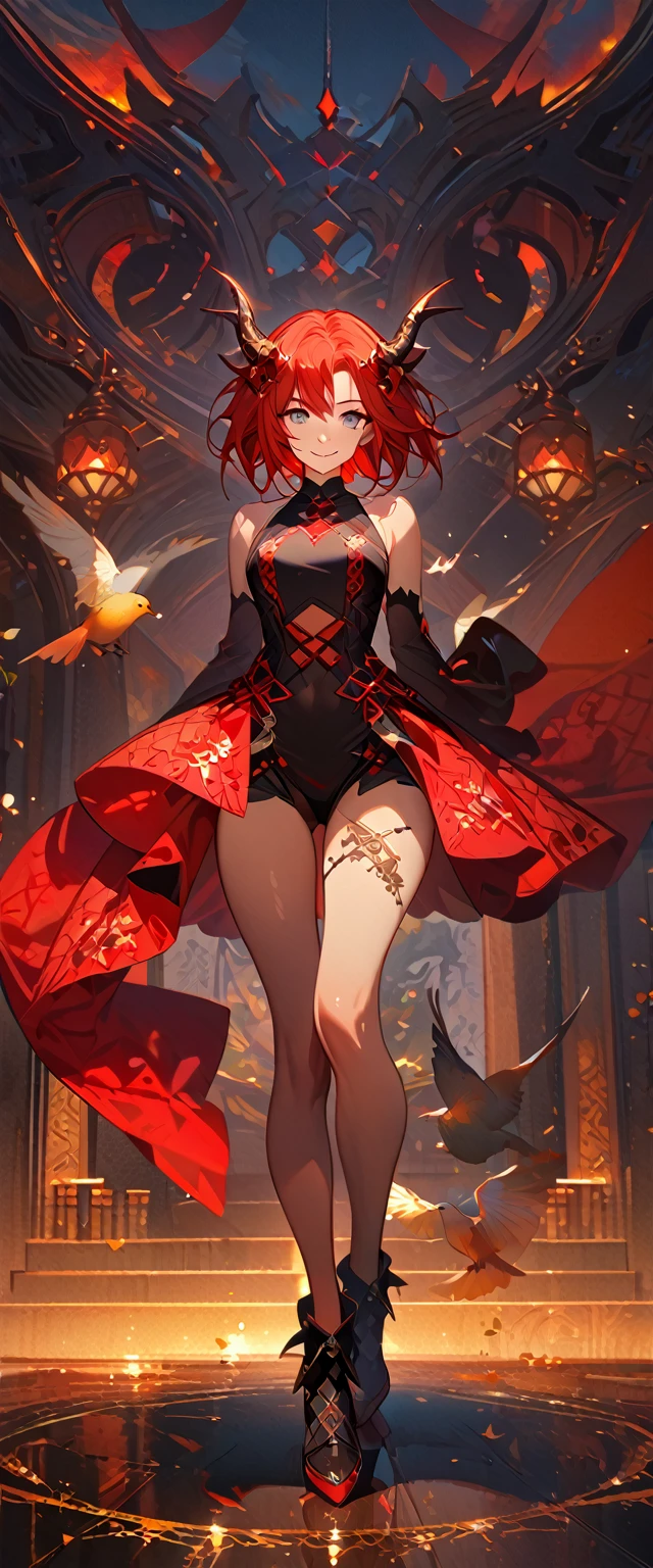 masterpiece, best quality, 8k ,4k , 1girl, teenage girl, dragon girl, red hair, gray eyes, big , slender waist, small waist,  small thigh, horn, hair ornament, finely detailed eyes and detailed face, looking at viewer, Black sleeveless top, gradually transparent embroidery skirt, skirt to the knee, majestic looks, smiling gently, Lace dress, patterned clothes, red scale scattered pattern clothes, meticulous clothes, revealing clothes, mature clothes, majestic looks, smiling gently, small bird, full body, artist : ask, art style : ask
