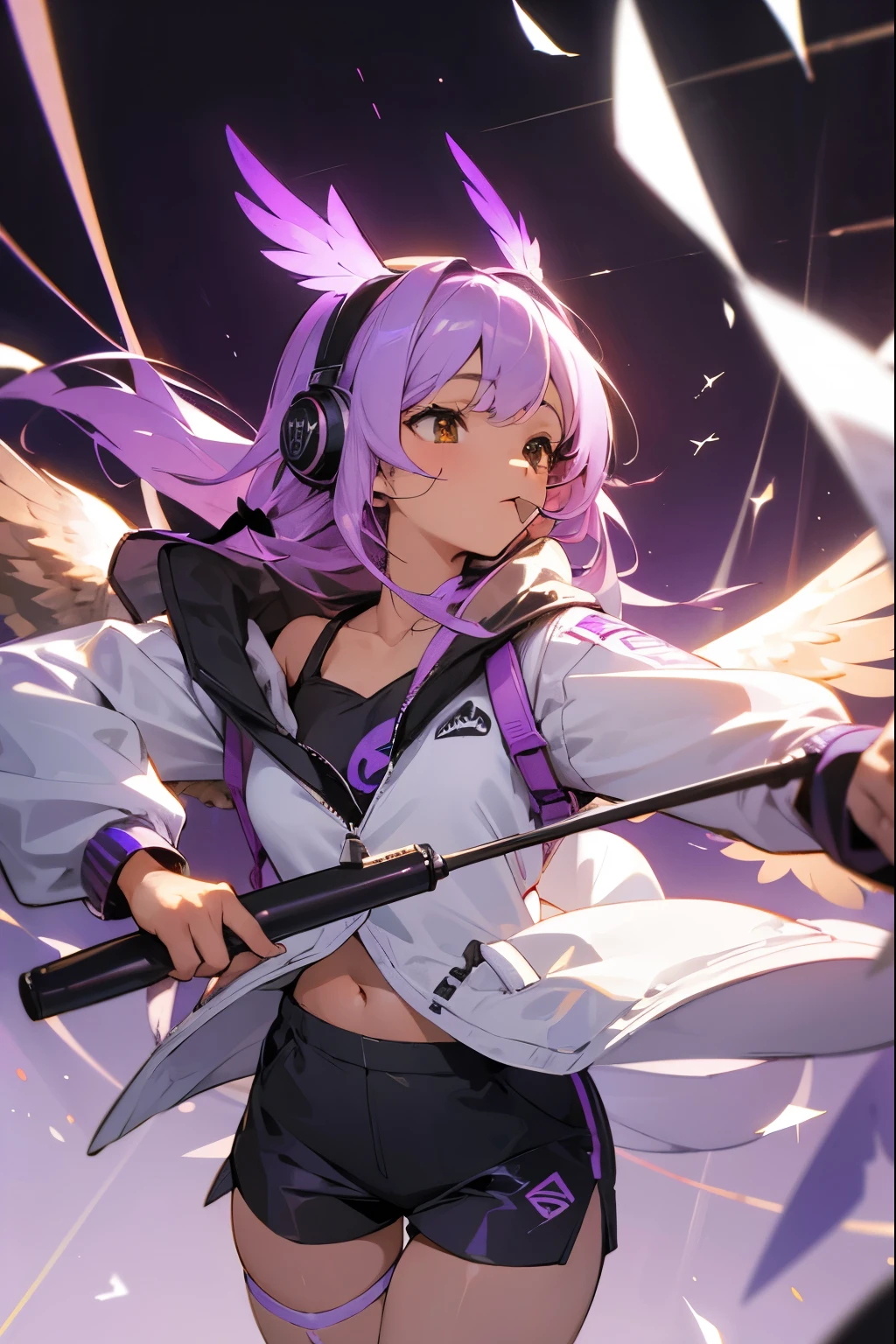 bird girl, long light purple hair, light brown skin, dark brown eyes, owl ears, owl wings, (headset with mic), white jacket with hood and purple underside, black cami top, black shorts