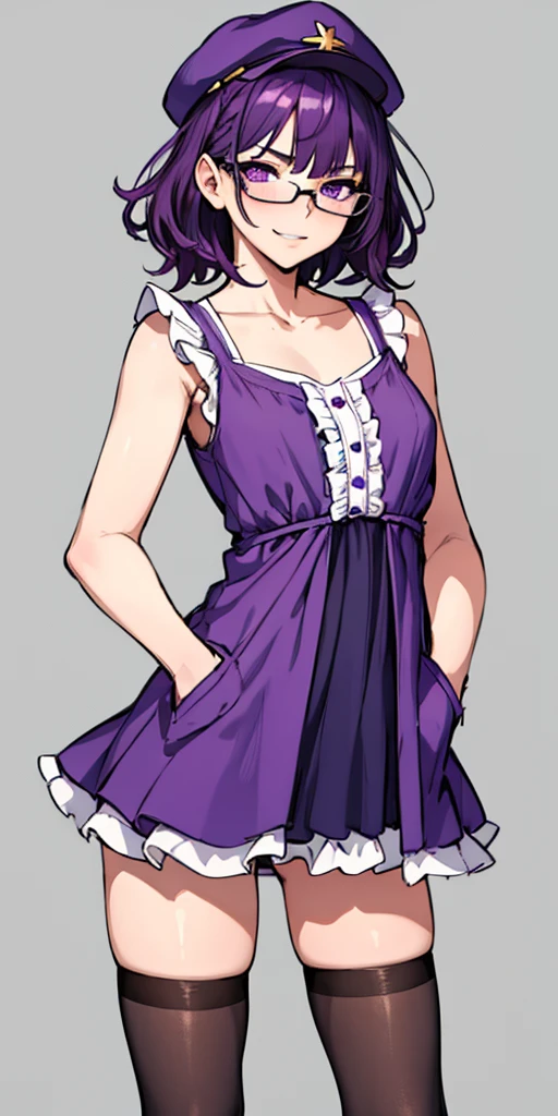 (masterpiece), best quality, expressive eyes, highres, anatomically correct, 1girl, perfect face, perfect hands, female, short hair, messy hair, wavy hair, purple hair, side bang, purple eyes, fair skin, medium chest, slight smirk, purple glasses, casual wear, cowboy shot, half body, perfect anatomy, dress, purple dress, frills, casualwear, hat, hands in pockets, pantyhose,