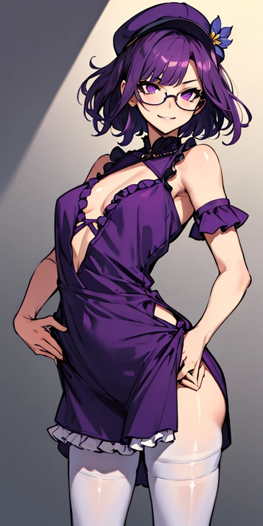 (masterpiece), best quality, expressive eyes, highres, anatomically correct, 1girl, perfect face, perfect hands, female, short hair, messy hair, wavy hair, purple hair, side bang, purple eyes, fair skin, medium chest, slight smirk, purple glasses, casual wear, cowboy shot, half body, perfect anatomy, dress, purple dress, frills, casualwear, hat, hands in pockets, pantyhose,