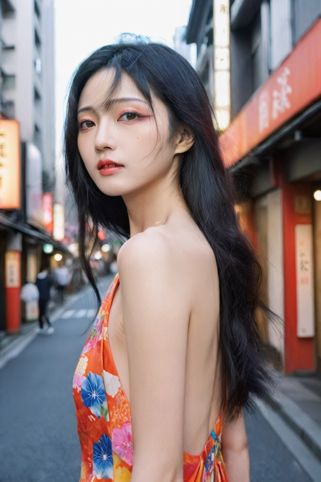 "Create a masterpiece portrait of a Japanese woman with black hair, wearing a vibrant dress. The background should depict Tokyo. The model should have a beautiful face and a model-like physique. Ensure high detail and vivid colors, capturing the essence of modern Tokyo."