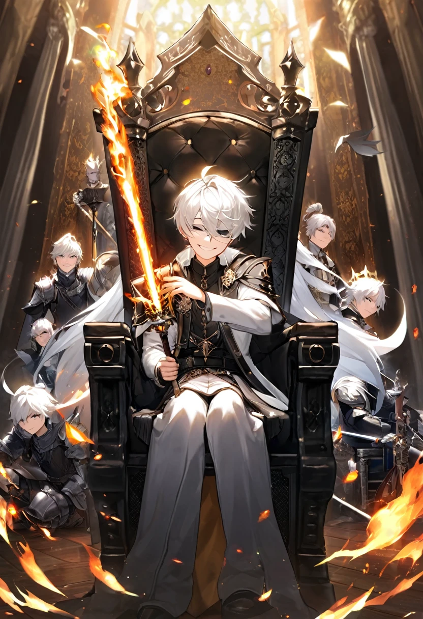 White white hair boy in a pitty smile face sitting in a black throne and his hand is holding a fire and theres is a knight bowing