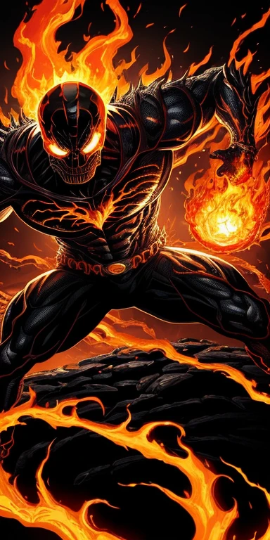 Ultra resolution 8K, Terrifying illustration, The powerful fusion of Venom and Ghost Rider is a dark being with skin blackened by the symbiote, with a flaming skull crowned by the symbiote instead of a head. Fiery chains snake around his form, ready to punish the guilty. An aura of darkness and fire constantly surrounds him, embodying relentless justice.