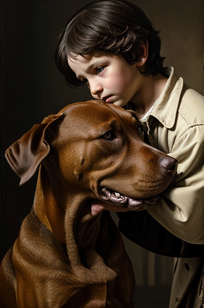 Poor boy with brown pitbull dog with short fierce ears with lots of detail high definition baroque painting realism light and shadows rembrant style