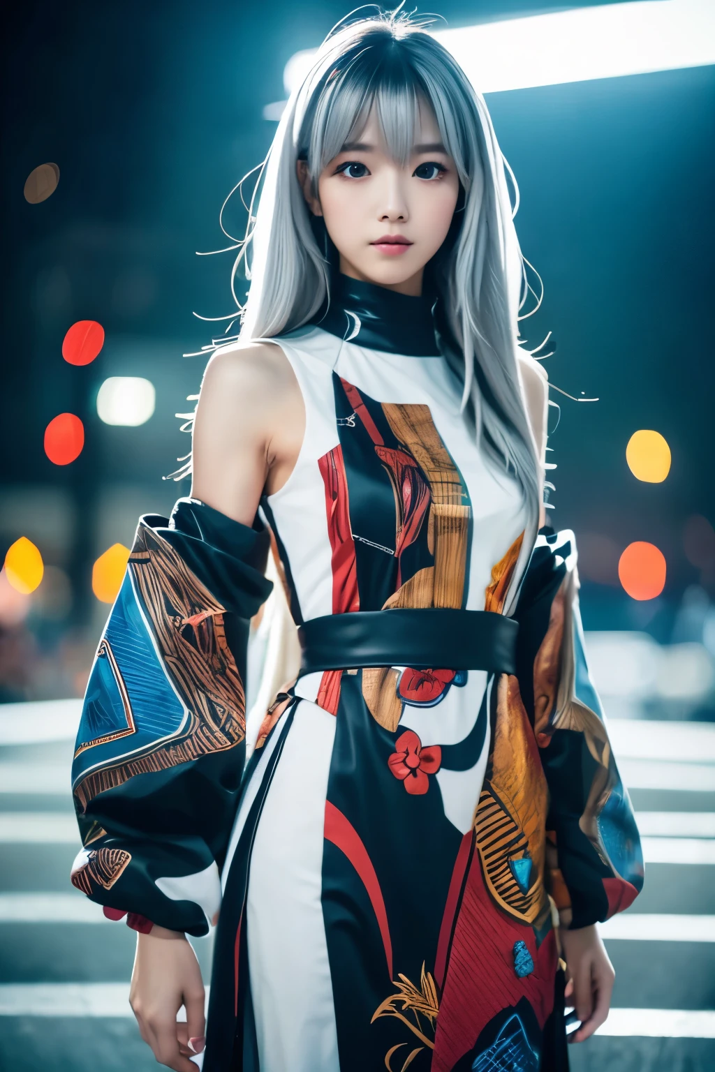 Masterpiece, high quality, high resolution, 8K, (solo:1.2), ((1girl)), Japanese woman, detailed face, detailed eyes, correct body structure, upper body, ((White hair:1.2)), very long hair, messy hair, slender body, seductive silhouette, luminous bones, depth of field, dark photo at nighttime, dimly lit, bangs, Cinematic Lighting, Tyndall effect, abstract background, futuristic outfits, vibrant colors, modern style, wide sleeves, artistic, unique patterns, colorful, stylish, trendy