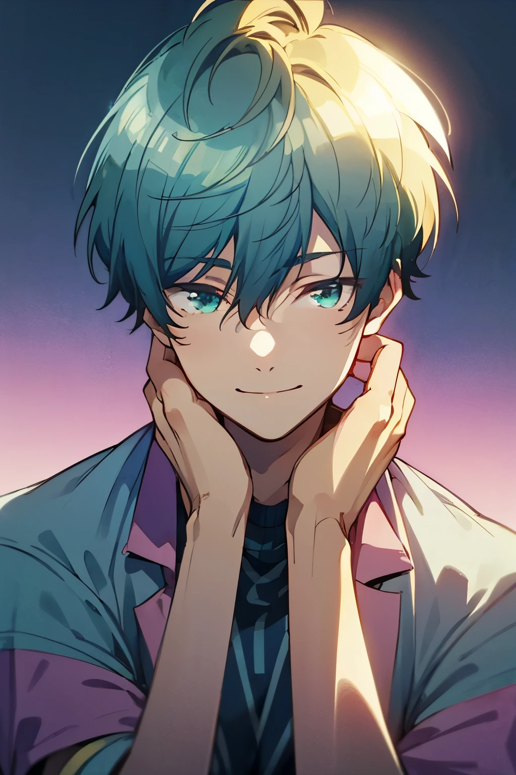 masterpiece, best quality, high quality, 1boy, solo, male focus, looking at viewer, upper body, takahiro_mizusawa, aqua eyes, blonde hair, jewelry, hair between eyes, light smile，realistic, jacket，gradient eyes，cheerful，smile，hand on own cheek，(((Mauve blue hair)))