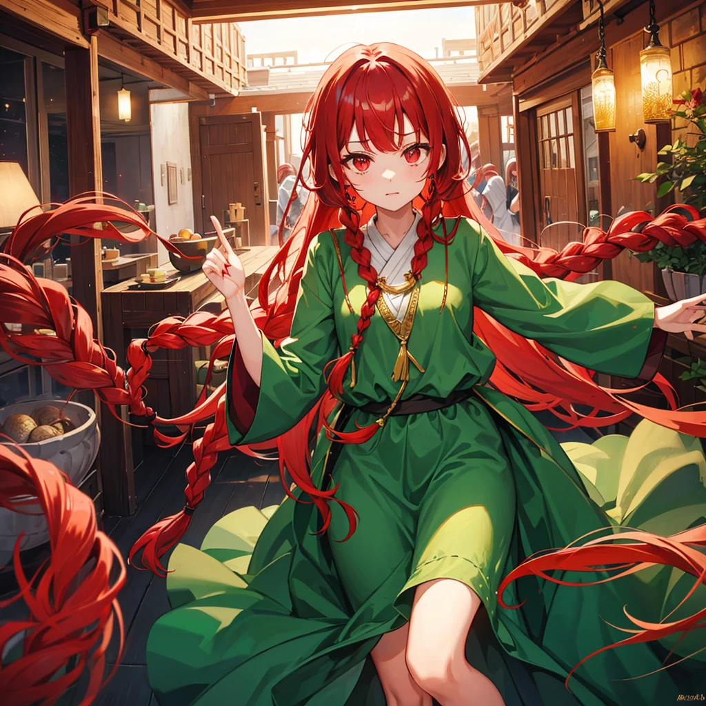 Red eyes, hair in two small braids, bangs and loose at the back, redhead, traditional arabic clothing, green clothes