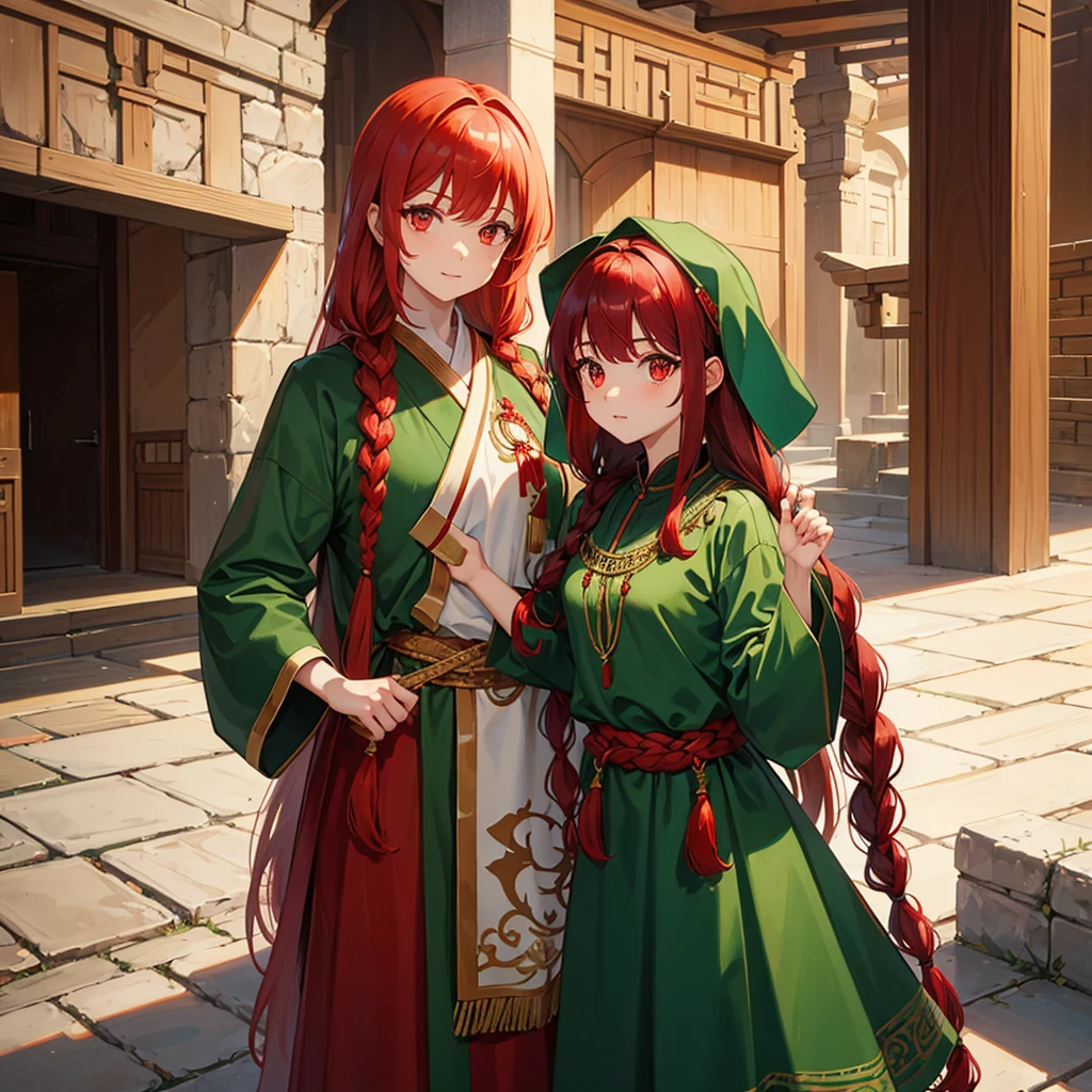 Red eyes, hair in two small braids, bangs and loose at the back, redhead, traditional arabic clothing, green clothes